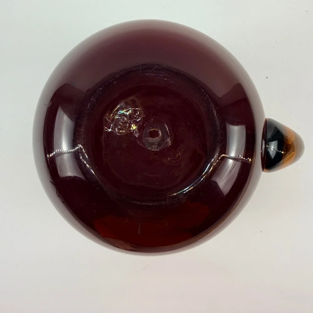 Vintage‎ Hand Blown Ruby Red Glass Pitcher Applied Amber Handle Mid Century